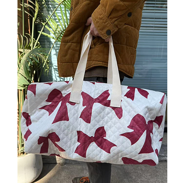 Bow Print Quilted Design Duffel Bag- Burgundy