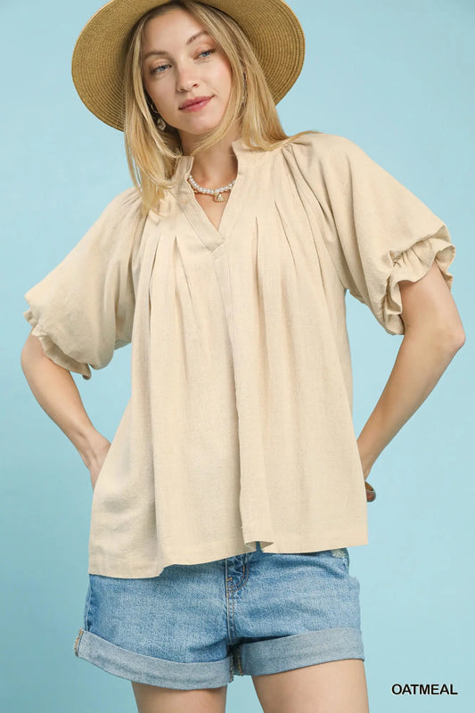 Leslie Linen V-Neck Flutter Sleeve Top-Oatmeal