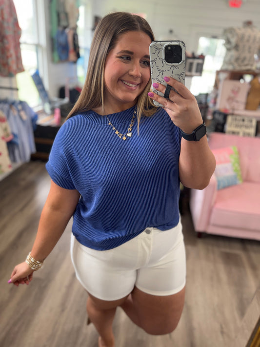 Kellee Rib Cap Sleeve Top- Blue