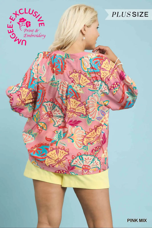 Sandra Paisley Print V-Neck Top-Pink Mix