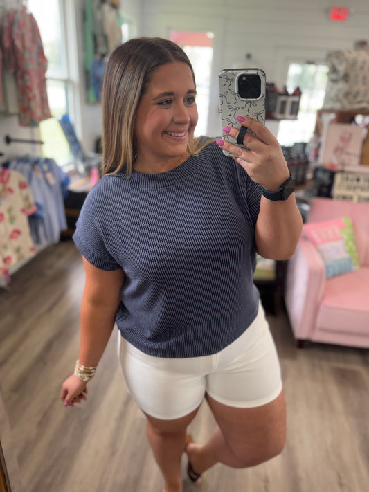Kellee Rib Cap Sleeve Top- Navy