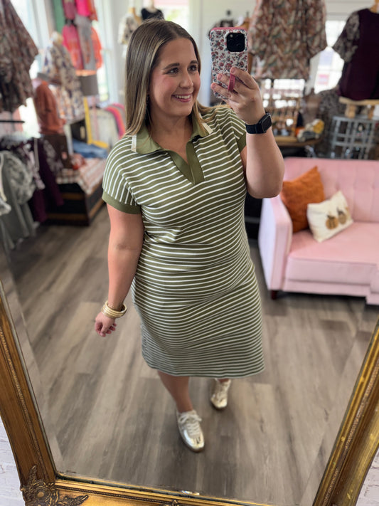 Striped Collared Pocket Midi Dress-Green