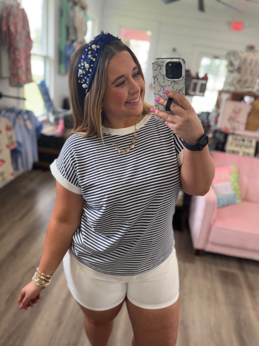 Jessica Stripe Contrast Rib Banded Top-Navy