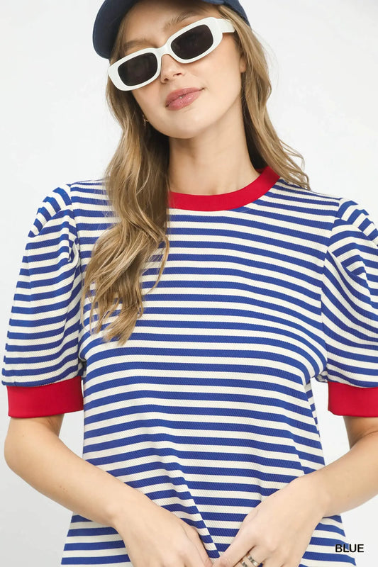 Vicki Striped Puff Sleeve Contrast Trim Knit Top