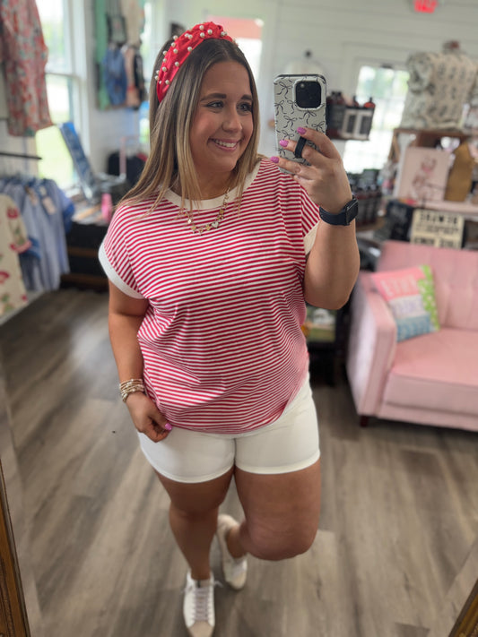 Jessica Stripe Contrast Rib Banded Top- Ruby