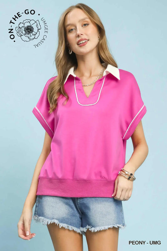 Christian Contrast Collar Soft Knit Polo Top- Peony