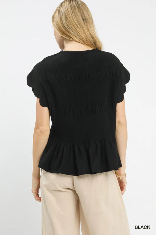 Kacie Linen Smocked Peplum Top-Black
