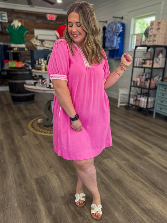Makayla Linen Contrast Trim Puff Sleeve Dress