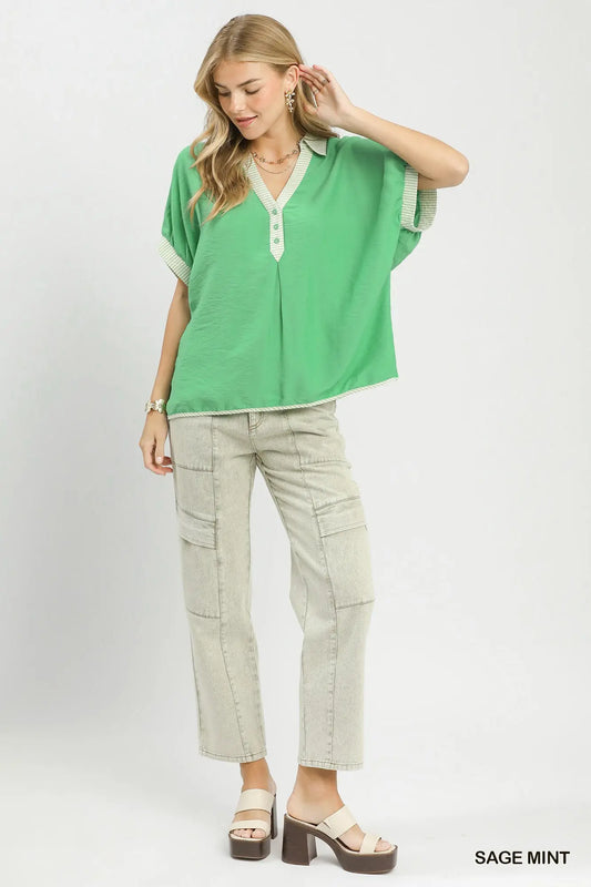 Tonya Oversized Contrast Stripe Trim Top-Sage