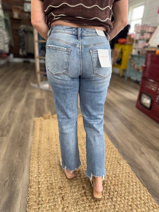 Mid Rise Distressed Back Hem Crop Straight Jeans