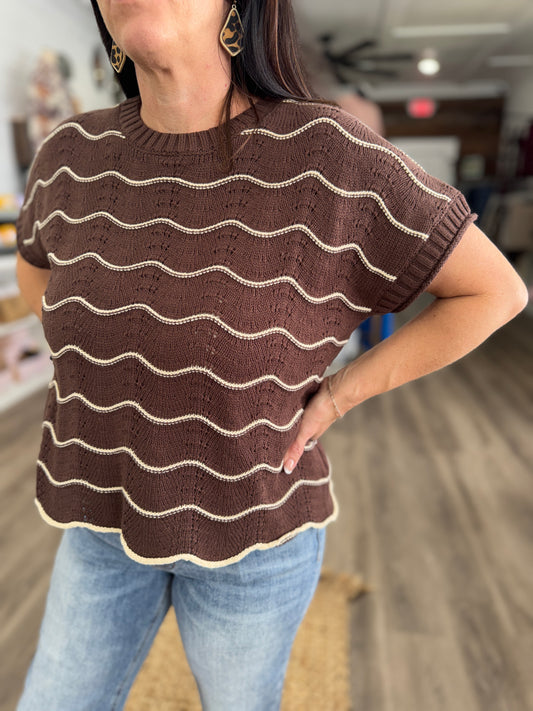 Bree Scallop Stripe Sweater-Brown