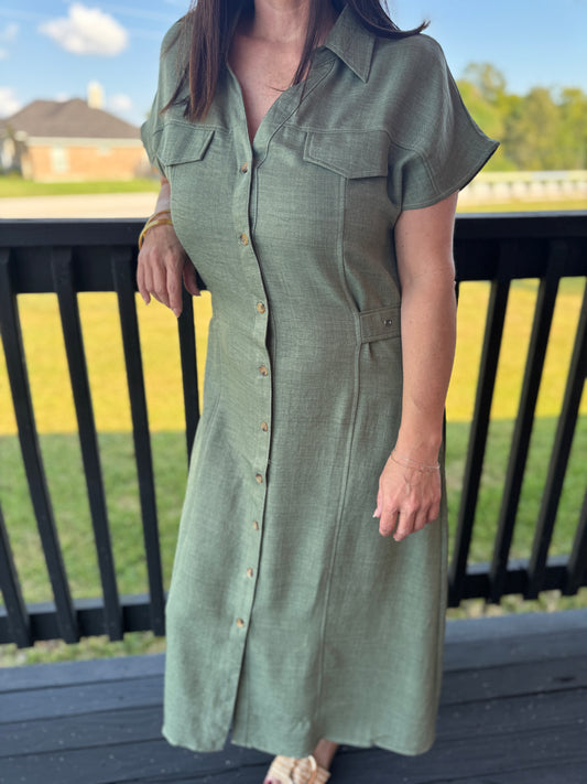 Ellie Contrast Stitch Collared Midi Dress-Olive