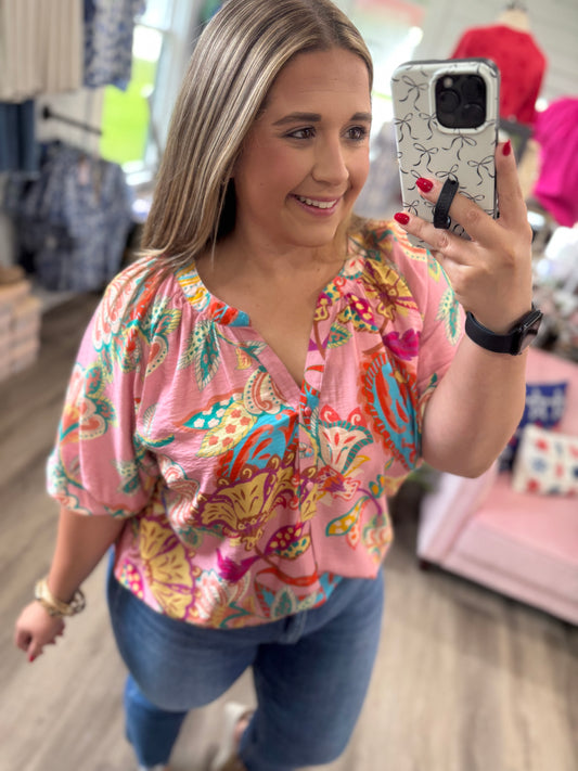 Sandra Paisley Print V-Neck Top-Pink Mix
