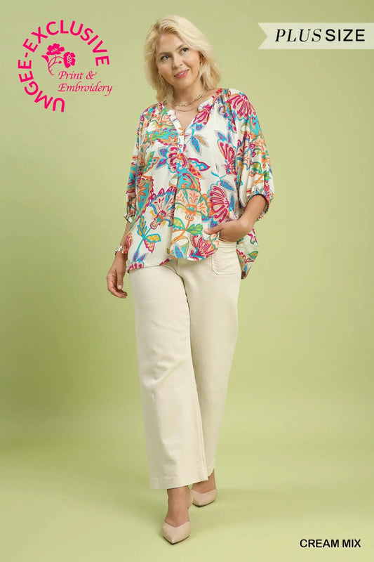 Sandra Paisley Print V-Neck Top-Cream Mix