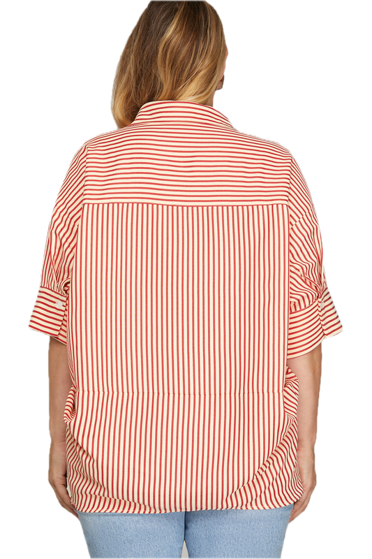 Woman wearing a red and white striped shirt on a white background