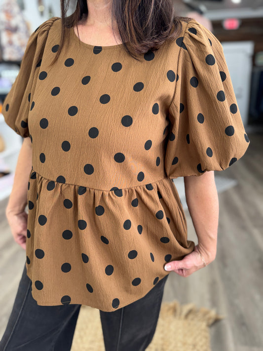 Kendall Polka Dot Puff Sleeve Top-Mocha