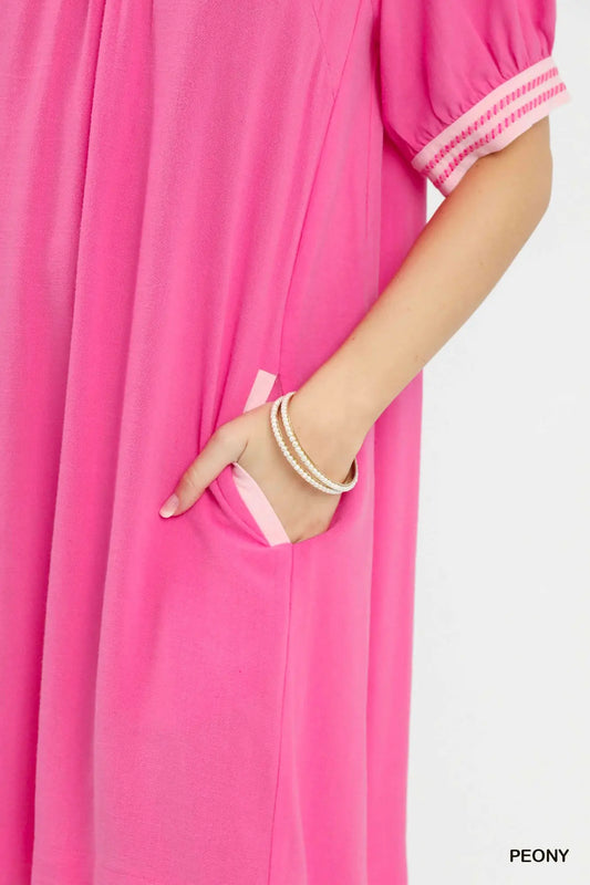 Makayla Linen Contrast Trim Puff Sleeve Dress