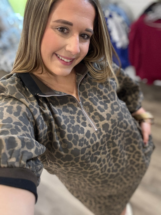 Allie Leopard Print Quarter Zip Puff Sleeve Dress