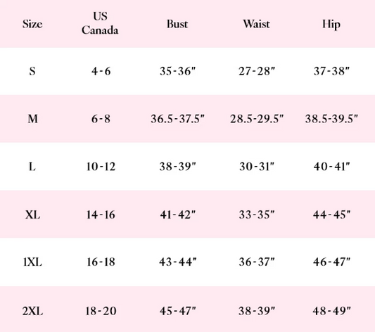 Size chart for clothing with measurements in US and Canada sizes.