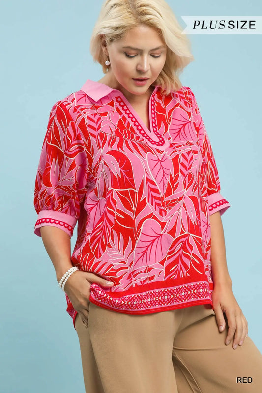 Liz Tropical Print Puff Sleeve Blouse-Red