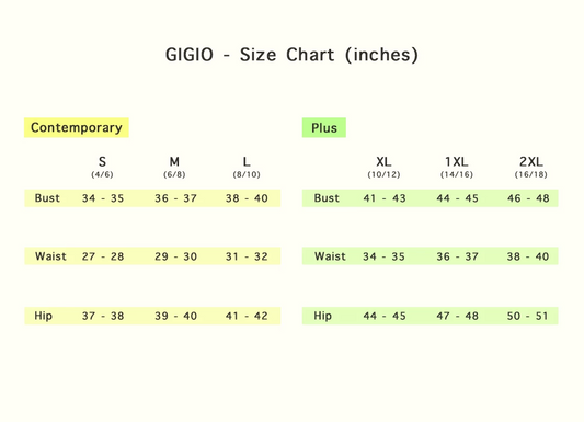 GIGIO size chart for clothing measurements in inches on a white background