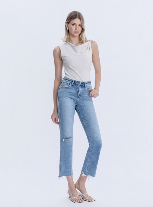 High Rise Distressed Right Knee Straight Jeans