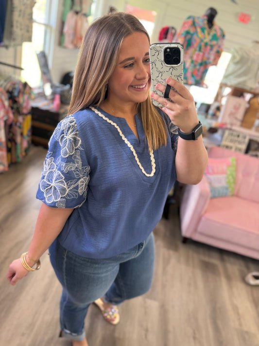 Lainey Embroidered Puff Sleeve Top-Denim Blue