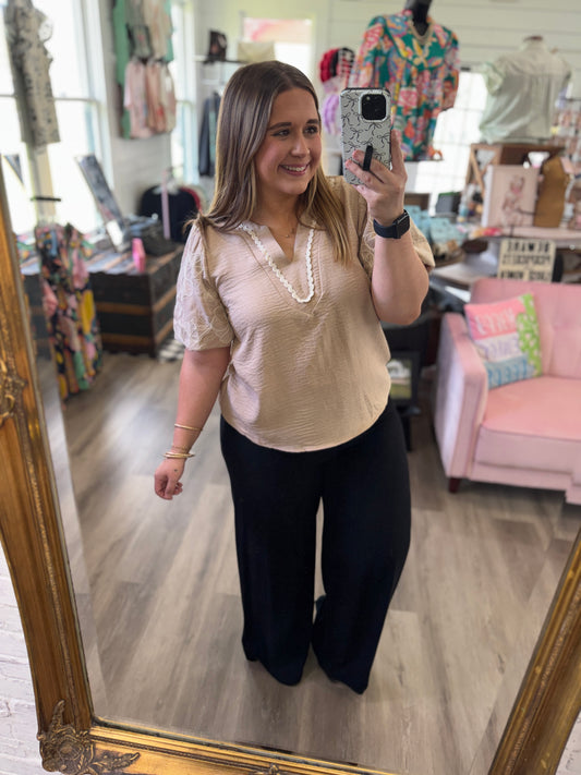 Lainey Embroidered Puff Sleeve Top-Taupe