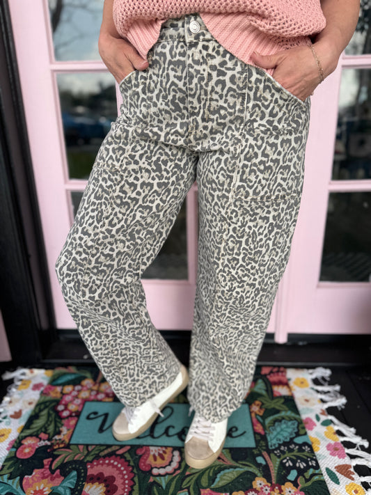 Ollie High Rise Leopard Utility Barrel Jeans