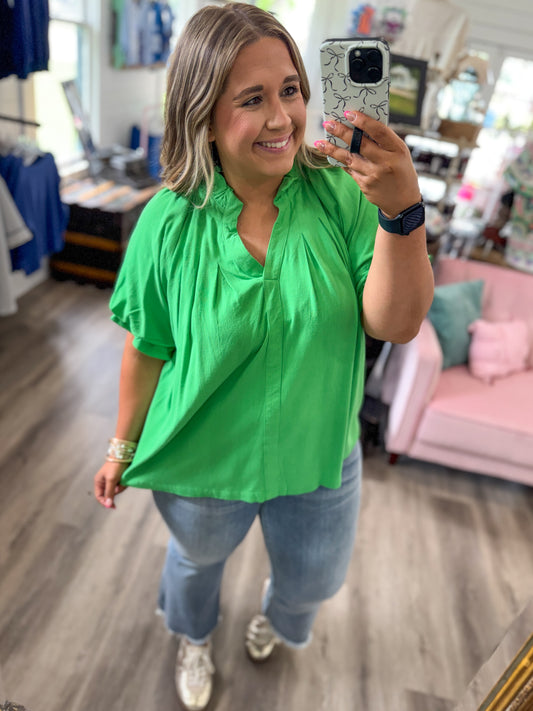 Leslie Linen V-Neck Flutter Sleeve Top- Green