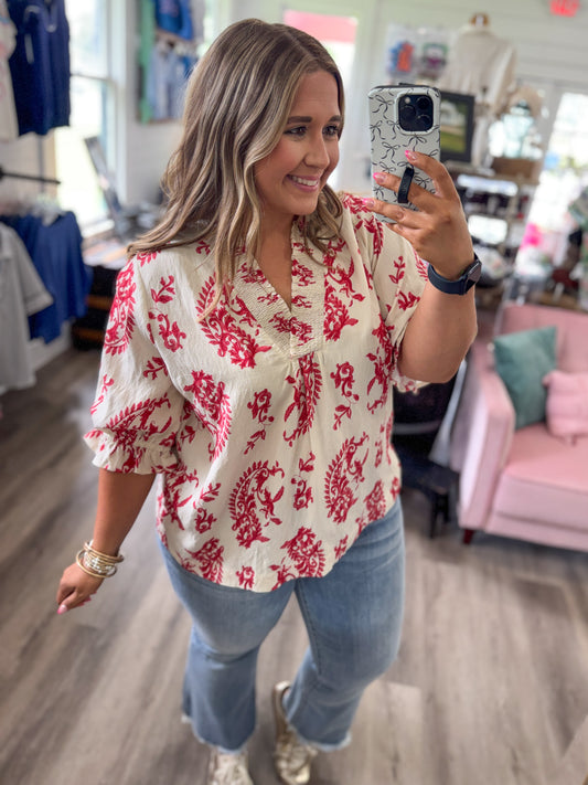 Sarah Paisley Print V-Neck Top-Red