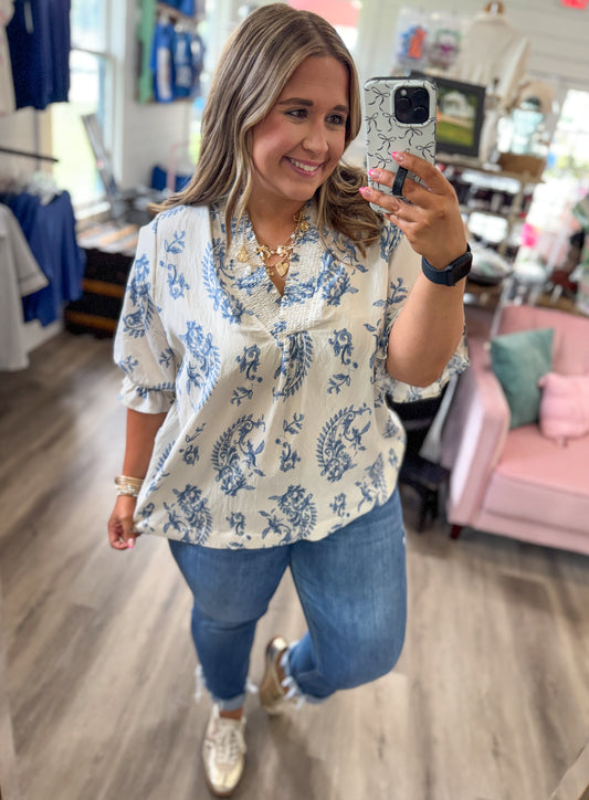 Sarah Paisley Print V-Neck Top-Blue