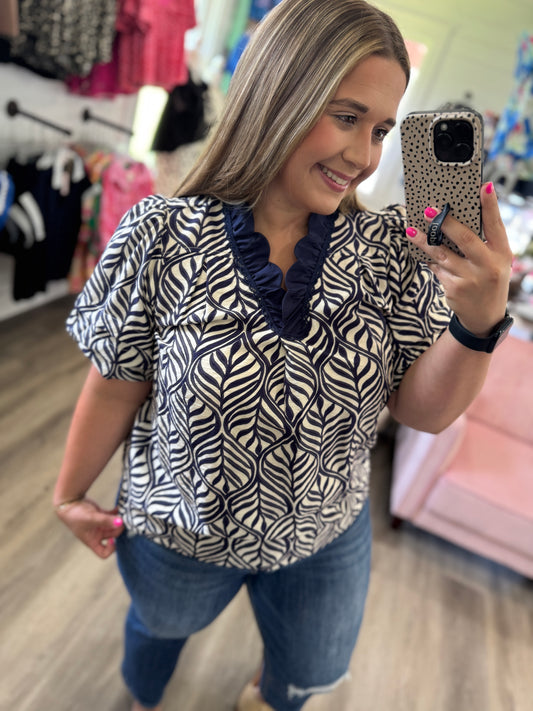 Cheryl Printed Puff Sleeve Ruffle Neck Top