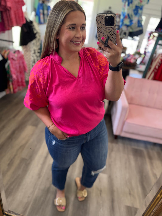 Elise Embroidered Sleeve V-Neck Boho Blouse