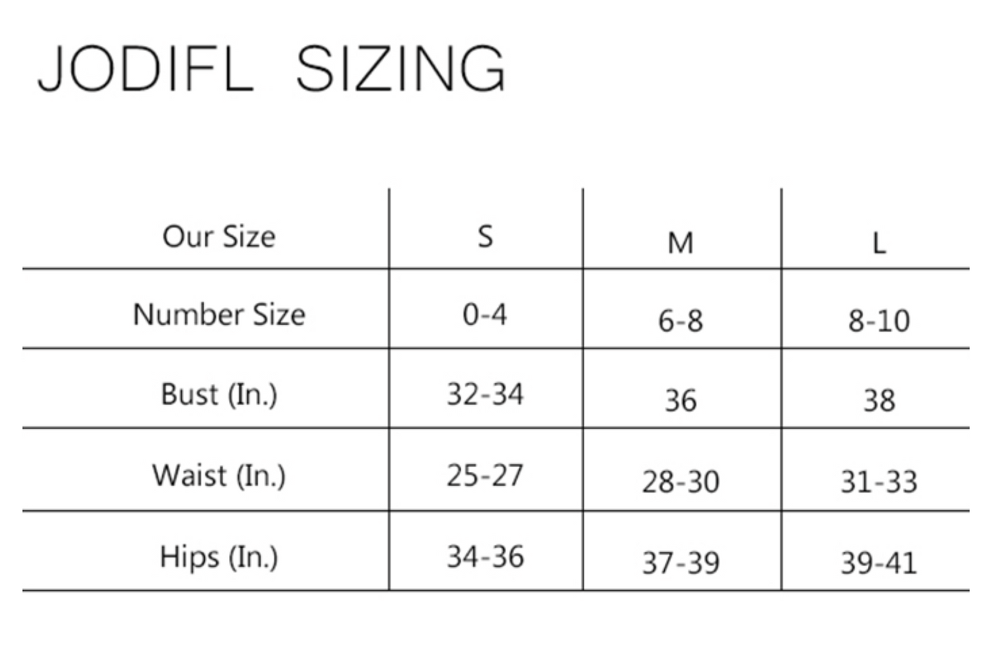 Sizing chart for JODIFL clothing with size measurements in inches.