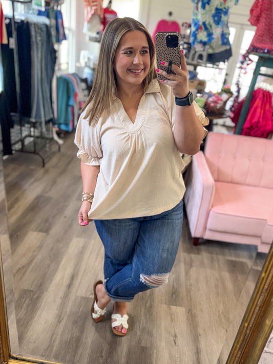 Kyra Solid Collared V-Neck Top