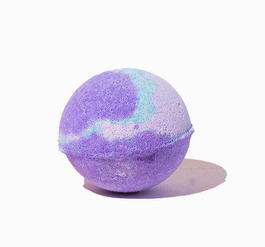 Purple and white marbled bath bomb on a white background