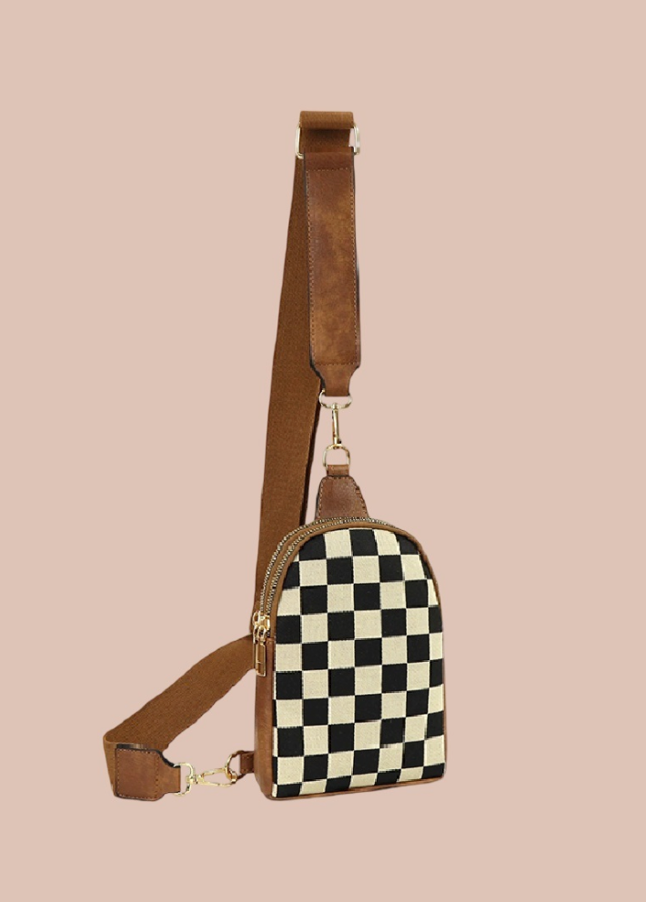 Checkered Sling Crossbody- Camel