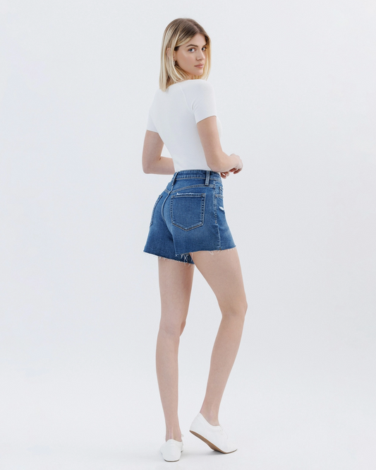 High Rise Raw Hem Denim Shorts