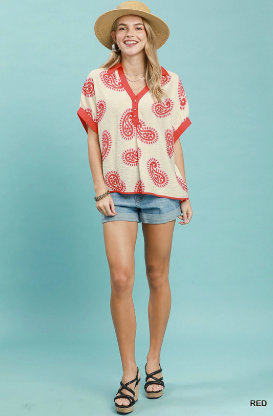 Jennifer Paisley Print Contrast Trim Top