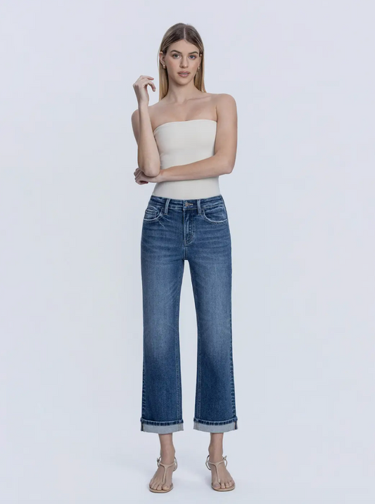 Harmonious High Rise Dark Wash Cuffed Crop Straight Jeans