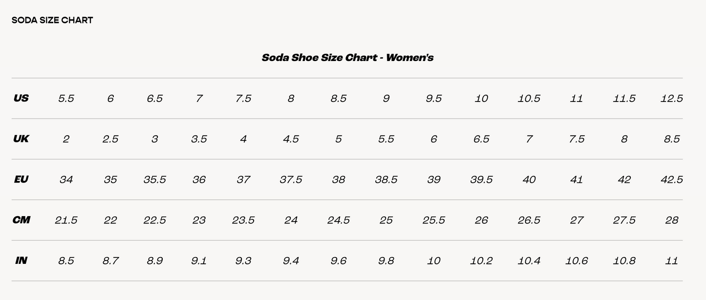 Soda Shoe Size Chart for Women with US, UK, EU, CM, and IN measurements.