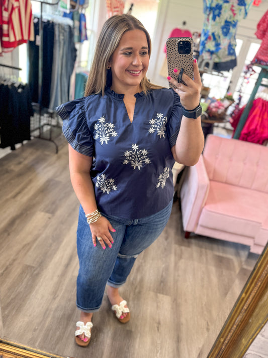 Taylor Ruffle Sleeve Stitch Detail Blouse