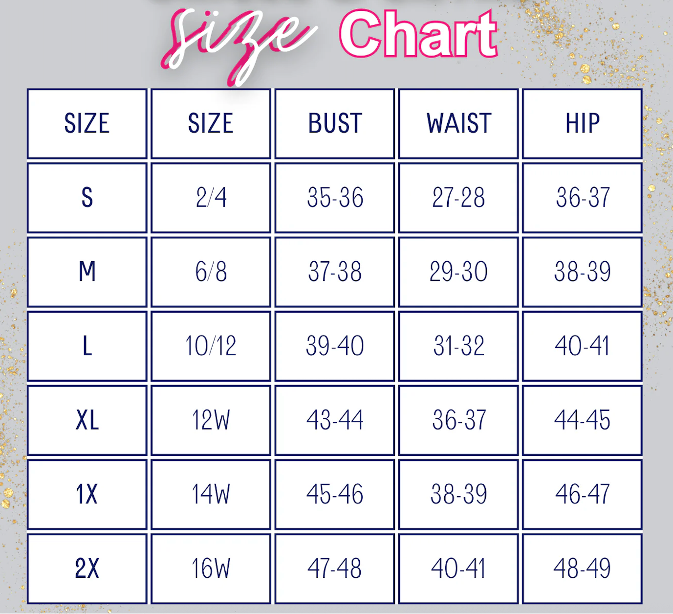 Size chart for clothing measurements on a gray background