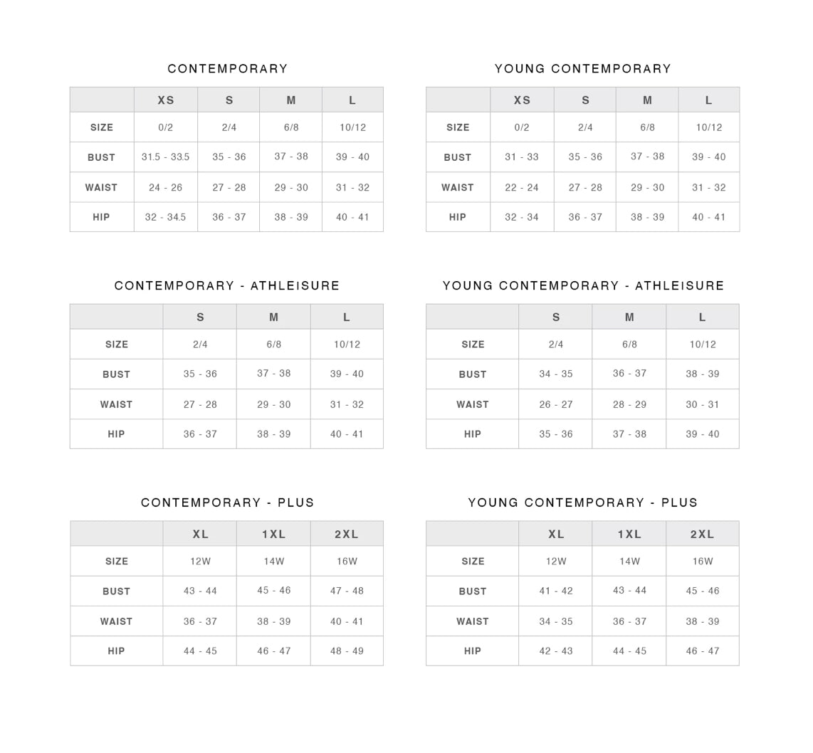 Size chart for contemporary, young contemporary, and plus sizes on a white background