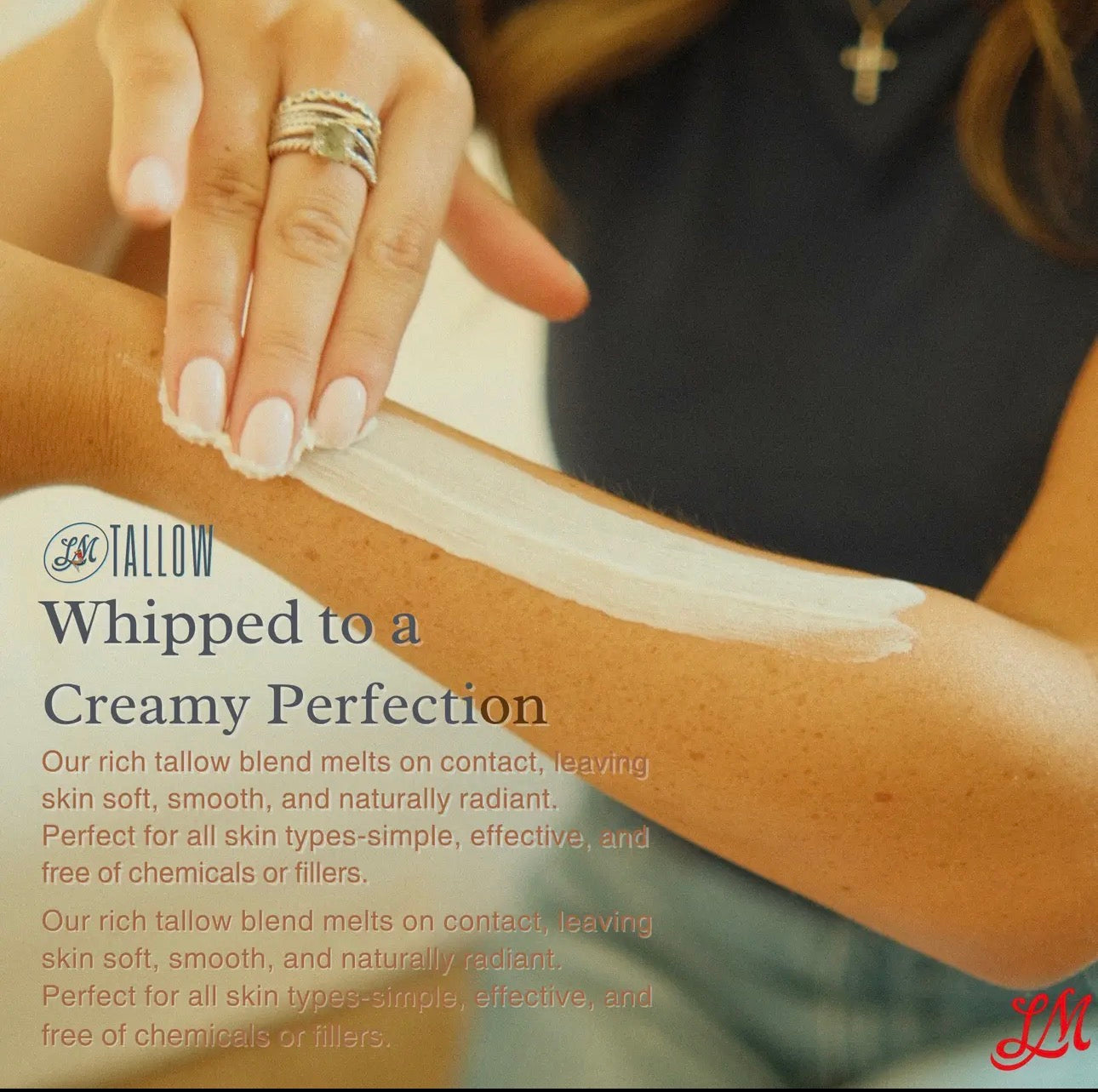 Person applying a white cream to their arm with text about tallow products.
