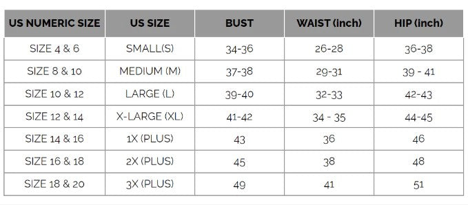 Size chart for clothing with US numeric sizes, bust, waist, and hip measurements.