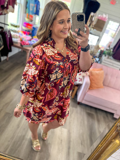 (S-2XL)Amber Abstract Print Puff Sleeve Babydoll Dress
