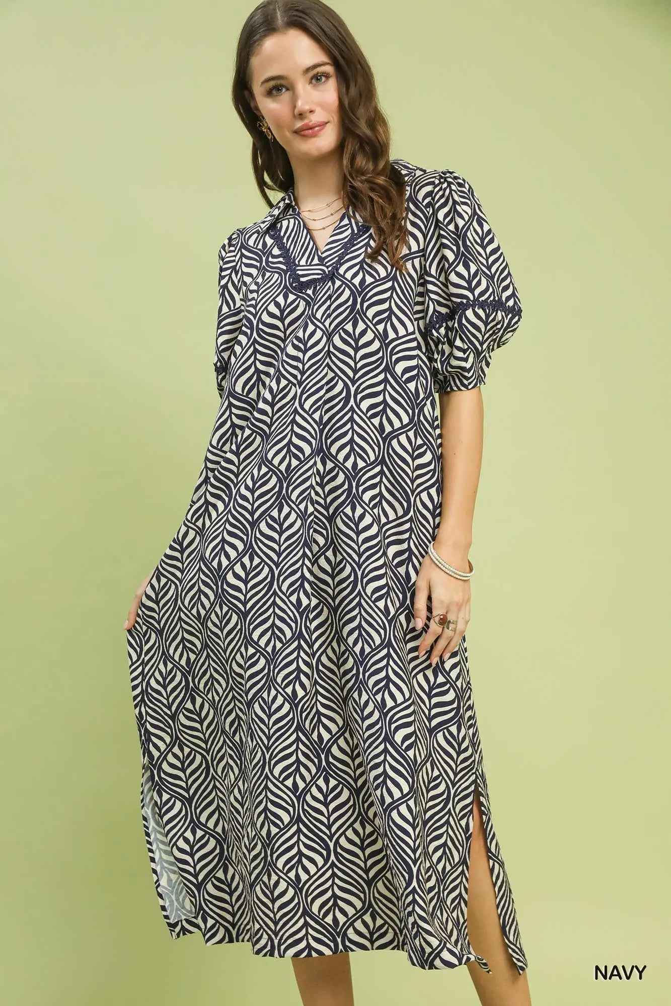 Lacey Printed Puff Sleeve Midi Dress with Pockets