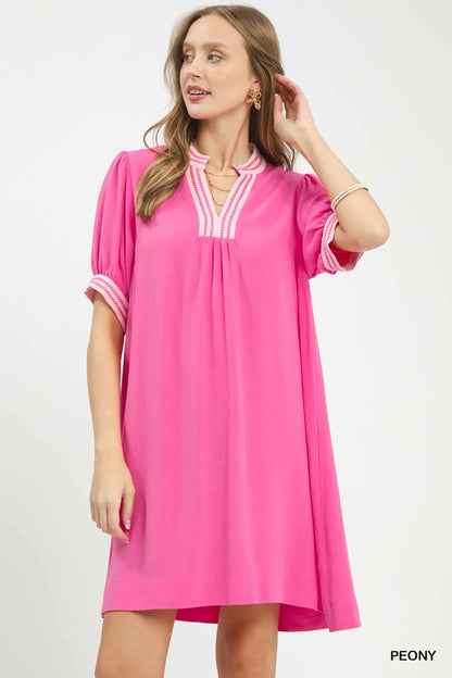 Makayla Linen Contrast Trim Puff Sleeve Dress